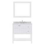 Winterfell 36" Single Bath Vanity in White with White Marble Top and Square Sink with Brushed Nickel Faucet and Matching Mirr