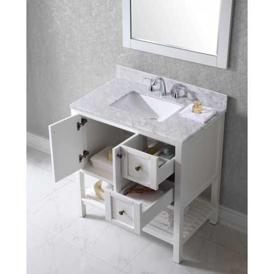 Winterfell 36" Single Bath Vanity in White with White Marble Top and Square Sink with Brushed Nickel Faucet and Matching Mirr