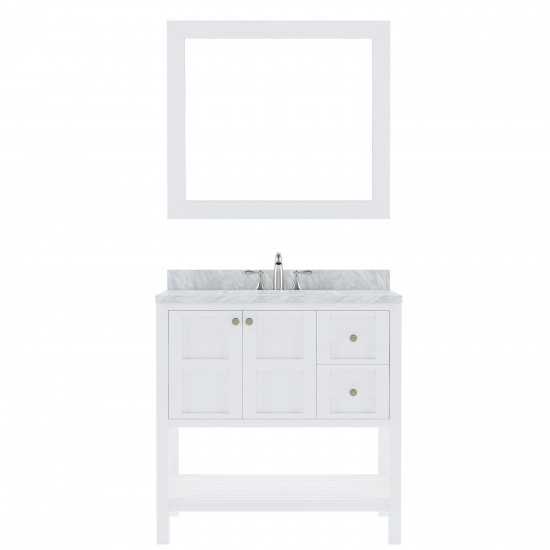 Winterfell 36" Single Bath Vanity in White with White Marble Top and Square Sink with Polished Chrome Faucet and Matching Mir