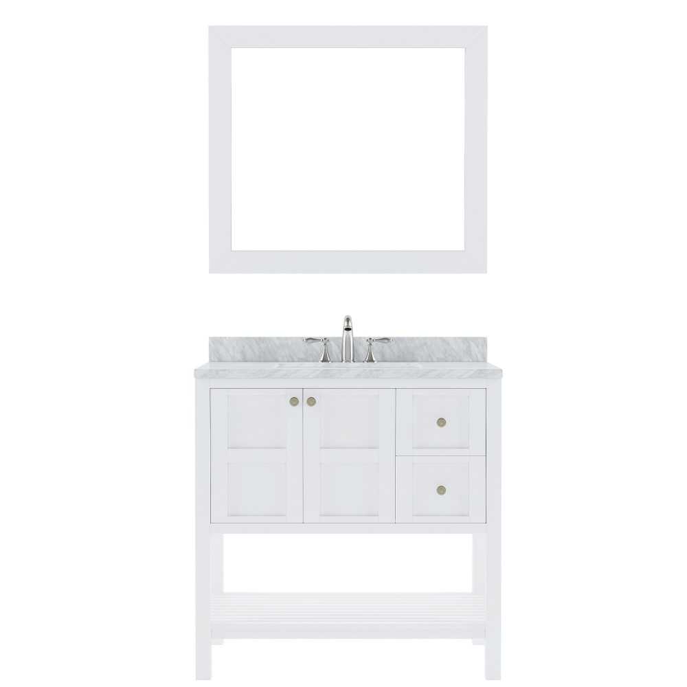 Winterfell 36" Single Bath Vanity in White with White Marble Top and Square Sink with Polished Chrome Faucet and Matching Mir