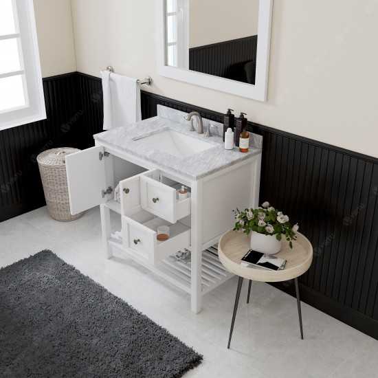 Winterfell 36" Single Bath Vanity in White with White Marble Top and Square Sink with Polished Chrome Faucet and Matching Mir