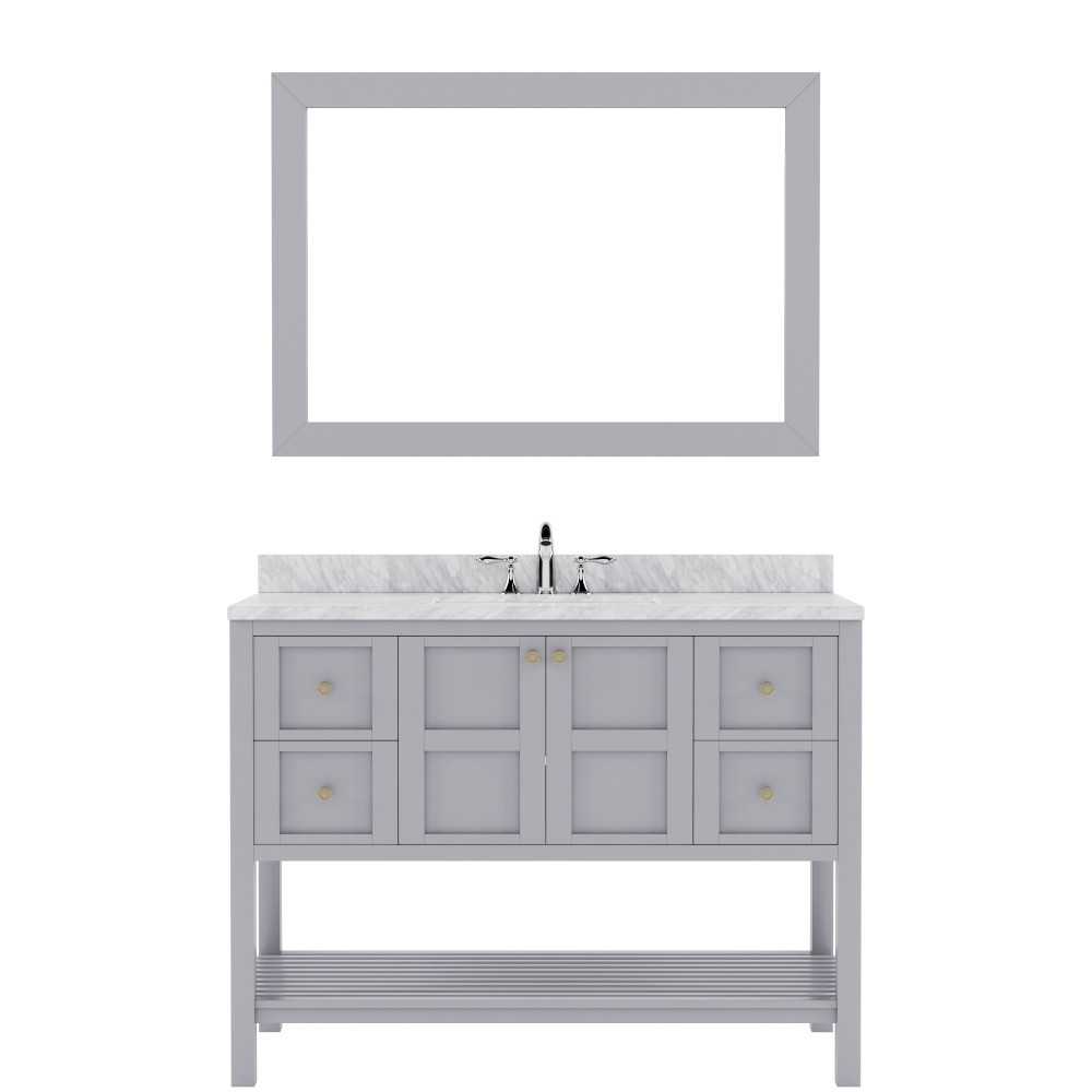 Winterfell 48" Single Bath Vanity in Gray with White Marble Top and Round Sink with Brushed Nickel Faucet and Matching Mirror