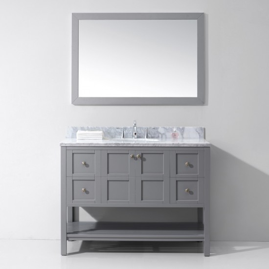 Winterfell 48" Single Bath Vanity in Gray with White Marble Top and Round Sink with Brushed Nickel Faucet and Matching Mirror