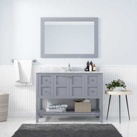 Winterfell 48" Single Bath Vanity in Gray with White Marble Top and Round Sink with Brushed Nickel Faucet and Matching Mirror