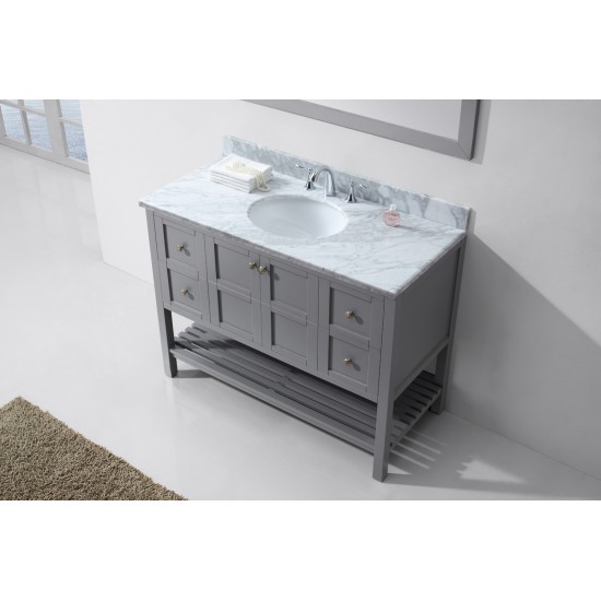 Winterfell 48" Single Bath Vanity in Gray with White Marble Top and Round Sink with Brushed Nickel Faucet and Matching Mirror