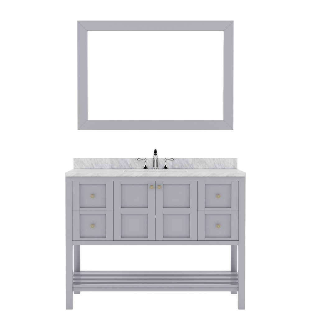 Winterfell 48" Single Bath Vanity in Gray with White Marble Top and Round Sink with Polished Chrome Faucet and Matching Mirro