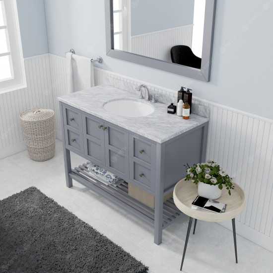 Winterfell 48" Single Bath Vanity in Gray with White Marble Top and Round Sink with Polished Chrome Faucet and Matching Mirro