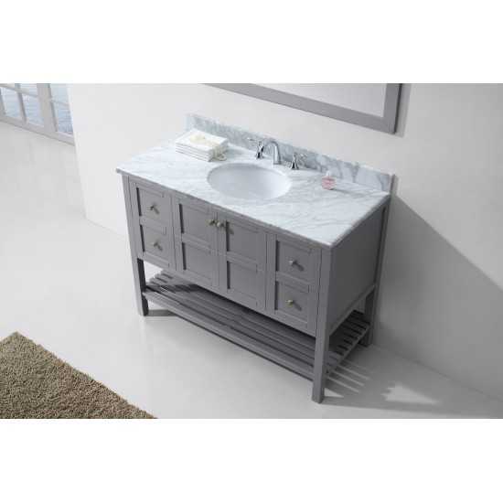 Winterfell 48" Single Bath Vanity in Gray with White Marble Top and Round Sink with Polished Chrome Faucet and Matching Mirro