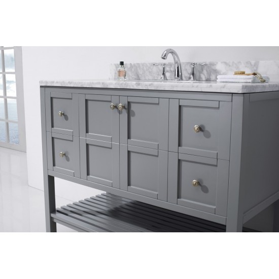 Winterfell 48" Single Bath Vanity in Gray with White Marble Top and Round Sink with Polished Chrome Faucet and Matching Mirro