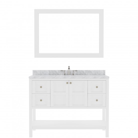 Winterfell 48" Single Bath Vanity in White with White Marble Top and Round Sink with Brushed Nickel Faucet and Matching Mirro