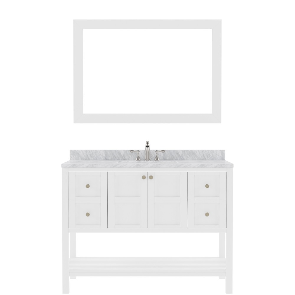 Winterfell 48" Single Bath Vanity in White with White Marble Top and Round Sink with Brushed Nickel Faucet and Matching Mirro