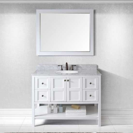 Winterfell 48" Single Bath Vanity in White with White Marble Top and Round Sink with Brushed Nickel Faucet and Matching Mirro