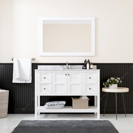Winterfell 48" Single Bath Vanity in White with White Marble Top and Round Sink with Brushed Nickel Faucet and Matching Mirro