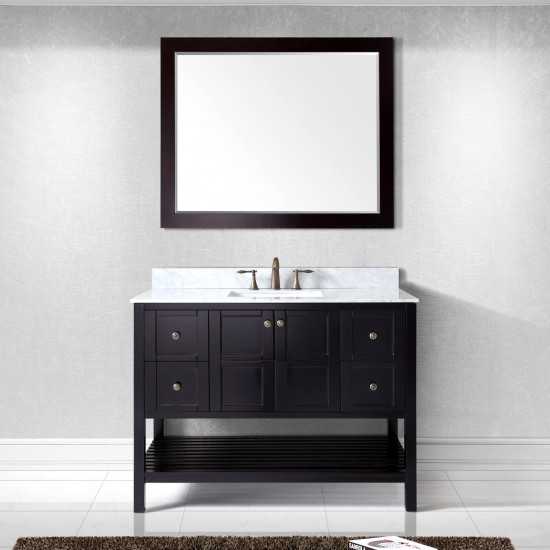 Winterfell 48" Single Bath Vanity in Espresso with White Marble Top and Square Sink with Brushed Nickel Faucet and Mirror