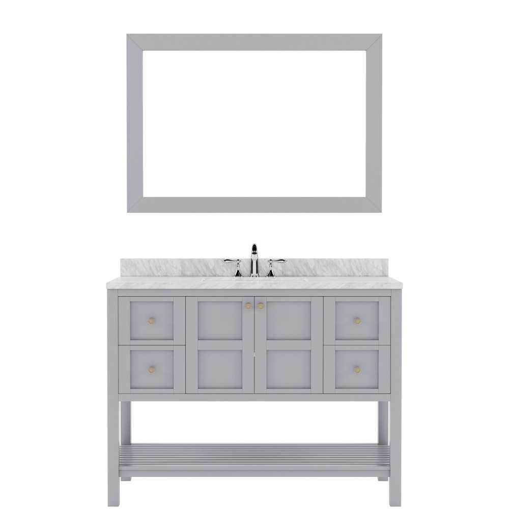 Winterfell 48" Single Bath Vanity in Gray with White Marble Top and Square Sink with Brushed Nickel Faucet and Matching Mirro