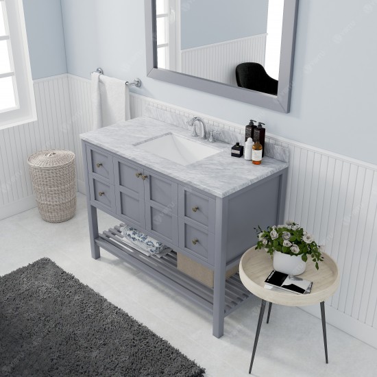 Winterfell 48" Single Bath Vanity in Gray with White Marble Top and Square Sink with Brushed Nickel Faucet and Matching Mirro