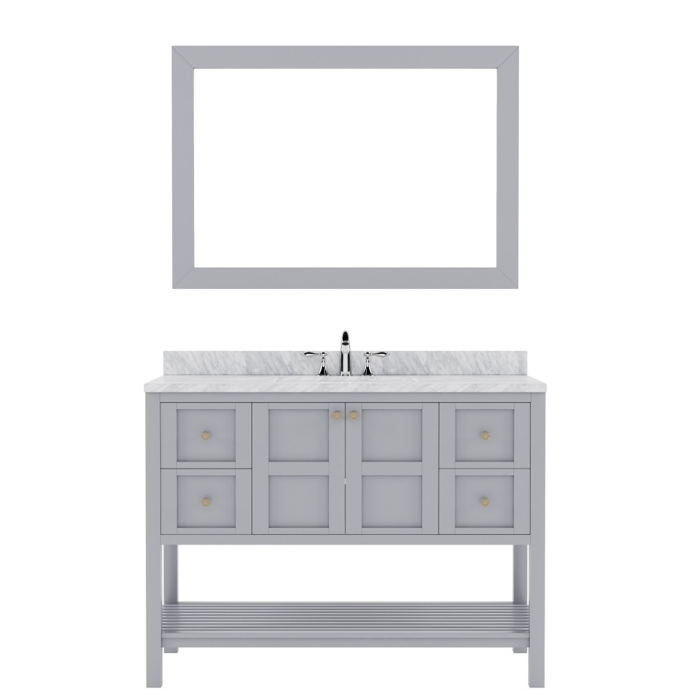 Winterfell 48" Single Bath Vanity in Gray with White Marble Top and Square Sink with Polished Chrome Faucet and Matching Mirr