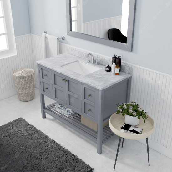 Winterfell 48" Single Bath Vanity in Gray with White Marble Top and Square Sink with Polished Chrome Faucet and Matching Mirr