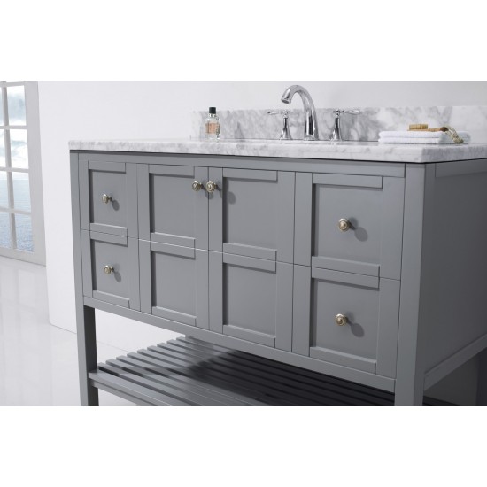 Winterfell 48" Single Bath Vanity in Gray with White Marble Top and Square Sink with Polished Chrome Faucet and Matching Mirr