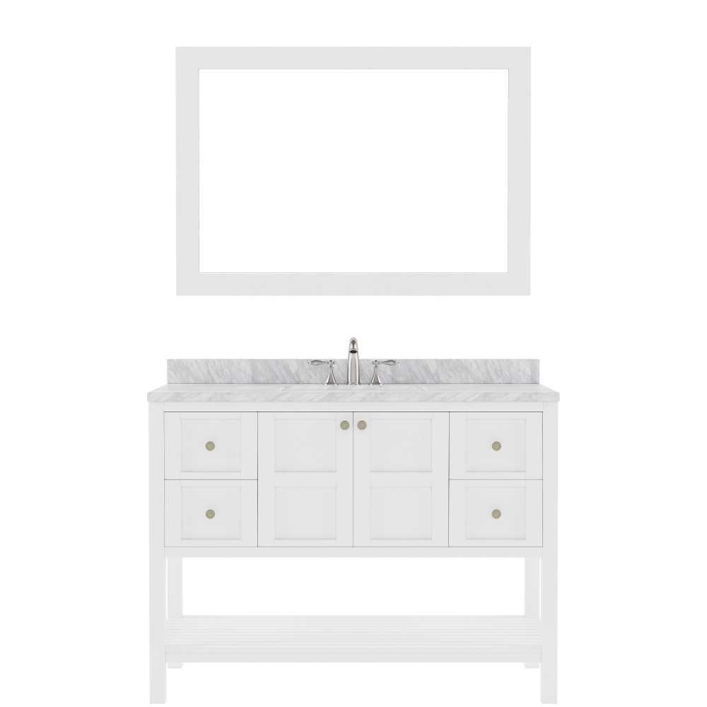 Winterfell 48" Single Bath Vanity in White with White Marble Top and Square Sink with Brushed Nickel Faucet and Matching Mirr