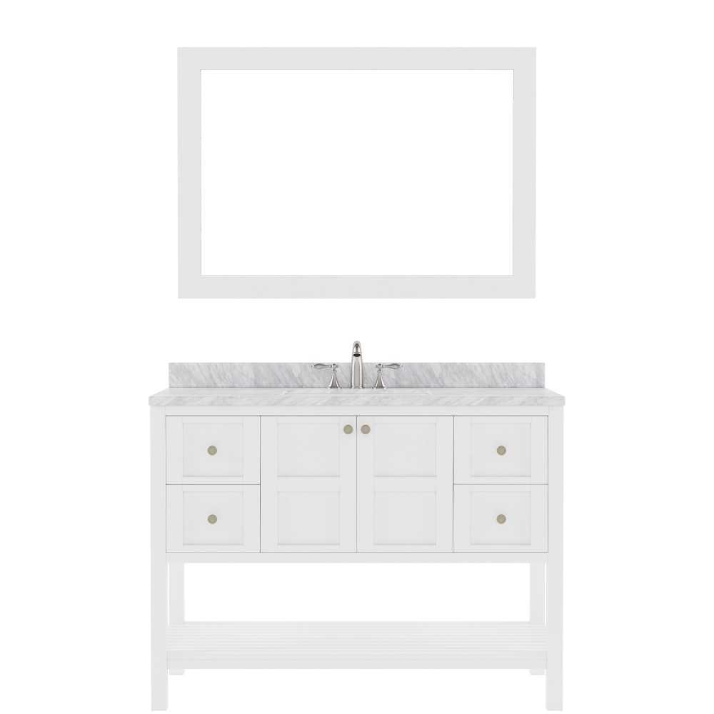 Winterfell 48" Single Bath Vanity in White with White Marble Top and Square Sink with Polished Chrome Faucet and Matching Mir