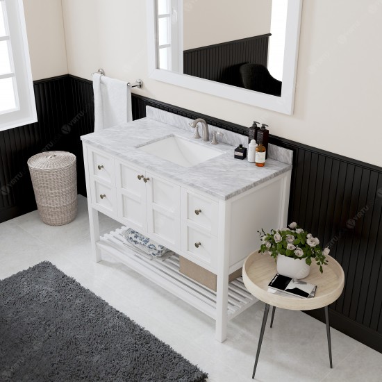 Winterfell 48" Single Bath Vanity in White with White Marble Top and Square Sink with Polished Chrome Faucet and Matching Mir