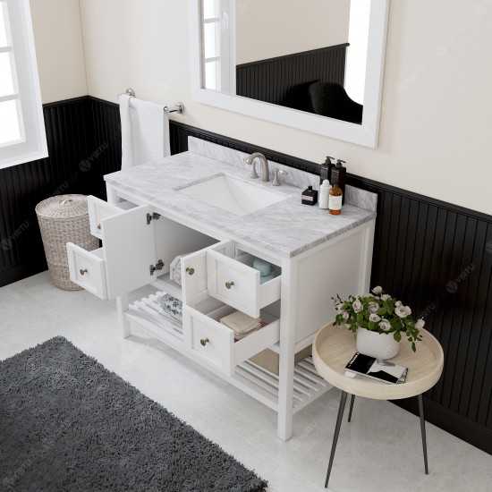 Winterfell 48" Single Bath Vanity in White with White Marble Top and Square Sink with Polished Chrome Faucet and Matching Mir