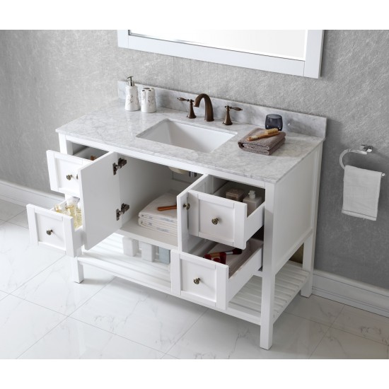 Winterfell 48" Single Bath Vanity in White with White Marble Top and Square Sink with Polished Chrome Faucet and Matching Mir