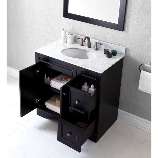 Elise 36" Single Bath Vanity in Espresso with White Marble Top and Round Sink and Matching Mirror