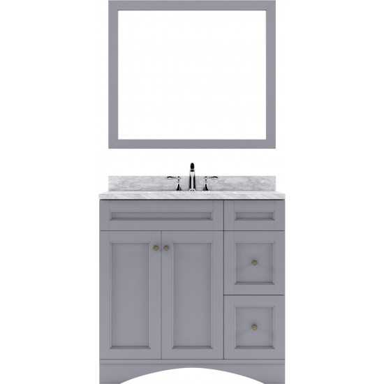 Elise 36" Single Bath Vanity in Gray with White Marble Top and Round Sink and Matching Mirror