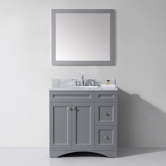 Elise 36" Single Bath Vanity in Gray with White Marble Top and Round Sink and Matching Mirror