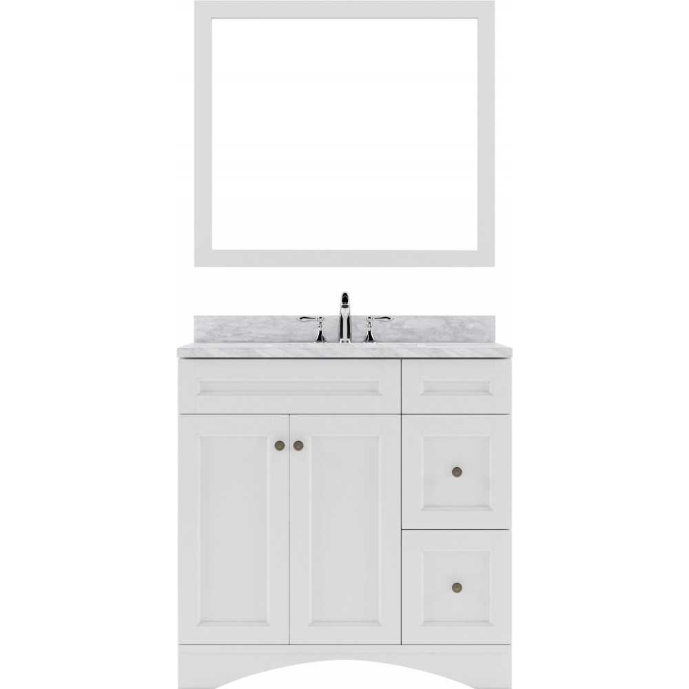 Elise 36" Single Bath Vanity in White with White Marble Top and Round Sink and Matching Mirror