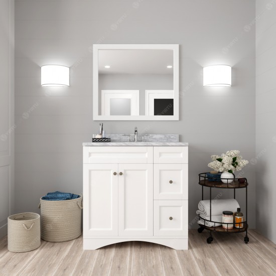 Elise 36" Single Bath Vanity in White with White Marble Top and Round Sink and Matching Mirror