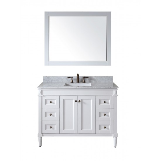 Tiffany 48" Single Bath Vanity in White with White Marble Top and Square Sink with Polished Chrome Faucet and Matching Mirror