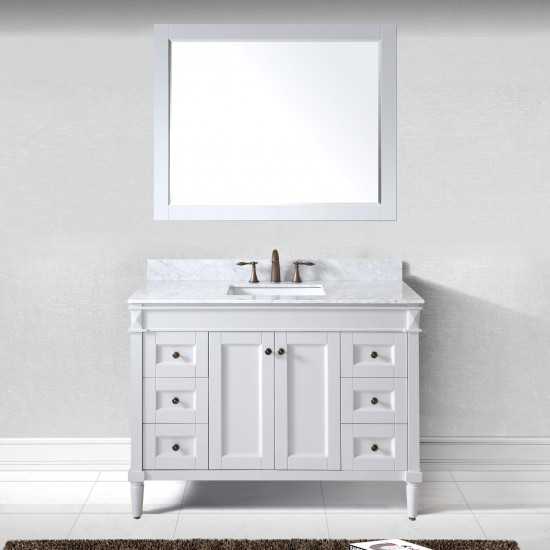 Tiffany 48" Single Bath Vanity in White with White Marble Top and Square Sink with Polished Chrome Faucet and Matching Mirror