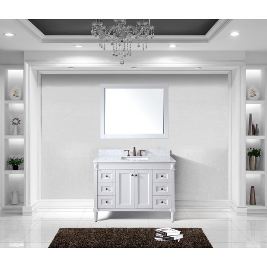 Tiffany 48" Single Bath Vanity in White with White Marble Top and Square Sink with Polished Chrome Faucet and Matching Mirror