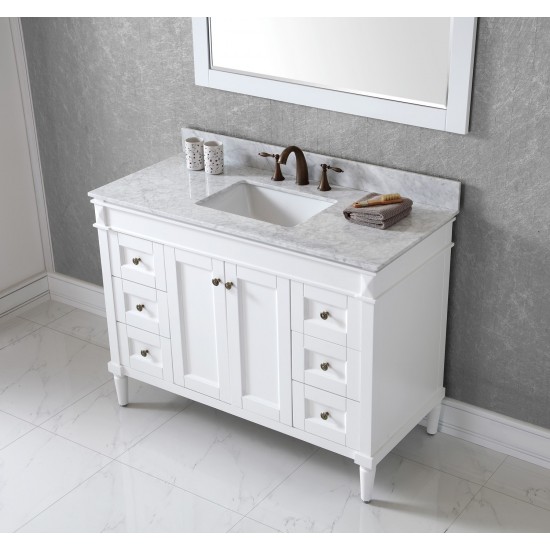 Tiffany 48" Single Bath Vanity in White with White Marble Top and Square Sink with Polished Chrome Faucet and Matching Mirror