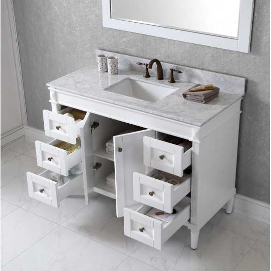 Tiffany 48" Single Bath Vanity in White with White Marble Top and Square Sink with Polished Chrome Faucet and Matching Mirror
