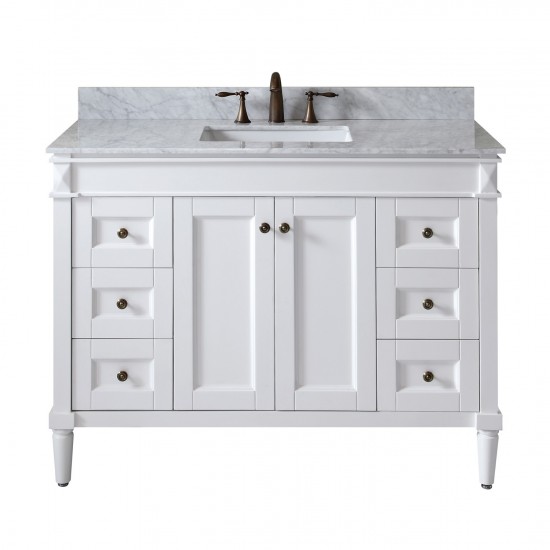 Tiffany 48" Single Bath Vanity in White with White Marble Top and Square Sink