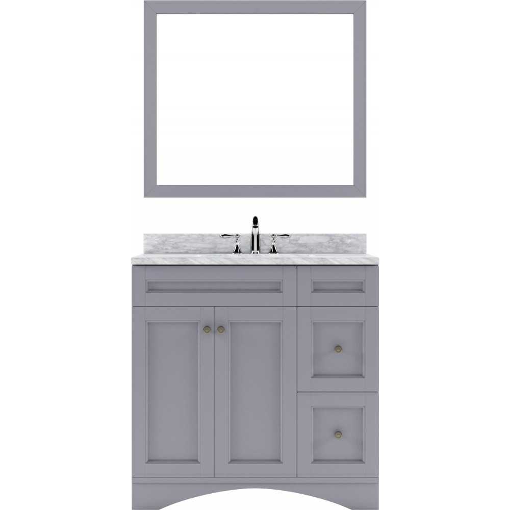 Elise 36" Single Bath Vanity in Gray with White Marble Top and Square Sink and Matching Mirror