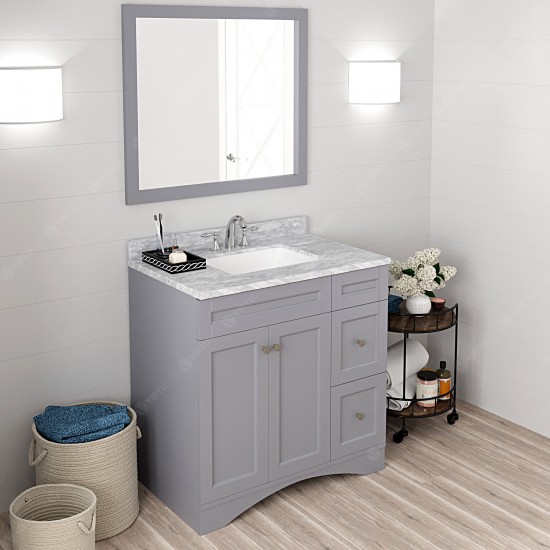 Elise 36" Single Bath Vanity in Gray with White Marble Top and Square Sink and Matching Mirror