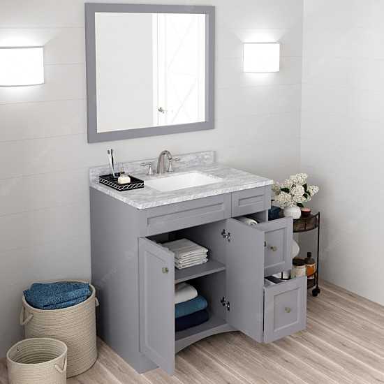 Elise 36" Single Bath Vanity in Gray with White Marble Top and Square Sink and Matching Mirror