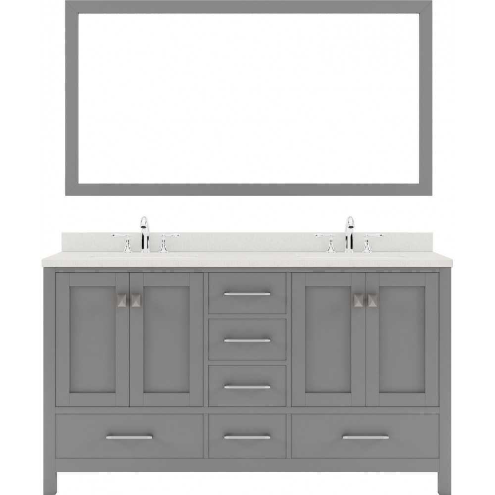 Caroline Avenue 60" Double Bath Vanity in Cashmere Gray with White Quartz Top and Round Sinks and Matching Mirror