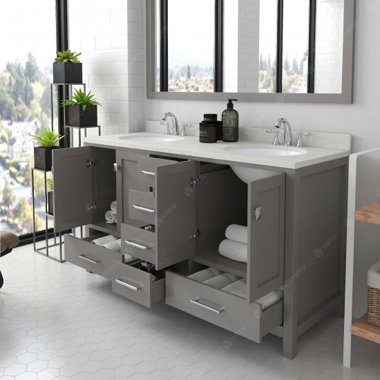 Caroline Avenue 60" Double Bath Vanity in Cashmere Gray with White Quartz Top and Round Sinks and Matching Mirror