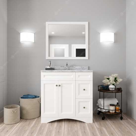 Elise 36" Single Bath Vanity in White with White Marble Top and Square Sink with Brushed Nickel Faucet and Matching Mirror