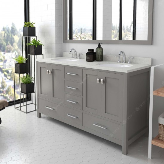 Caroline Avenue 60" Double Vanity in Cashmere Gray with White Quartz Top and Round Sinks with Polished Chrome Faucets and Mir