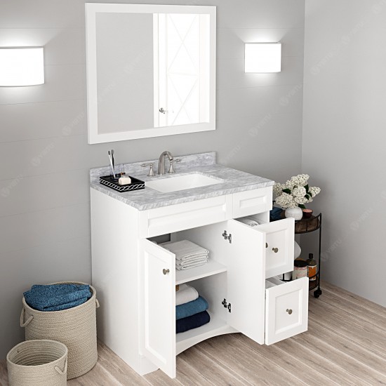 Elise 36" Single Bath Vanity in White with White Marble Top and Square Sink with Polished Chrome Faucet and Matching Mirror