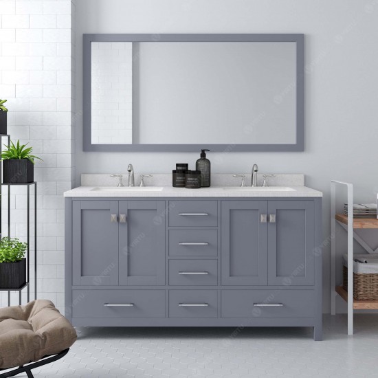 Caroline Avenue 60" Double Bath Vanity in Gray with White Quartz Top and Round Sinks and Matching Mirror