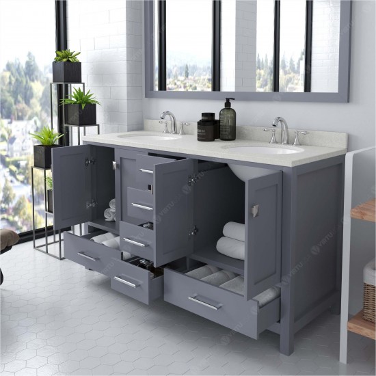 Caroline Avenue 60" Double Bath Vanity in Gray with White Quartz Top and Round Sinks and Matching Mirror