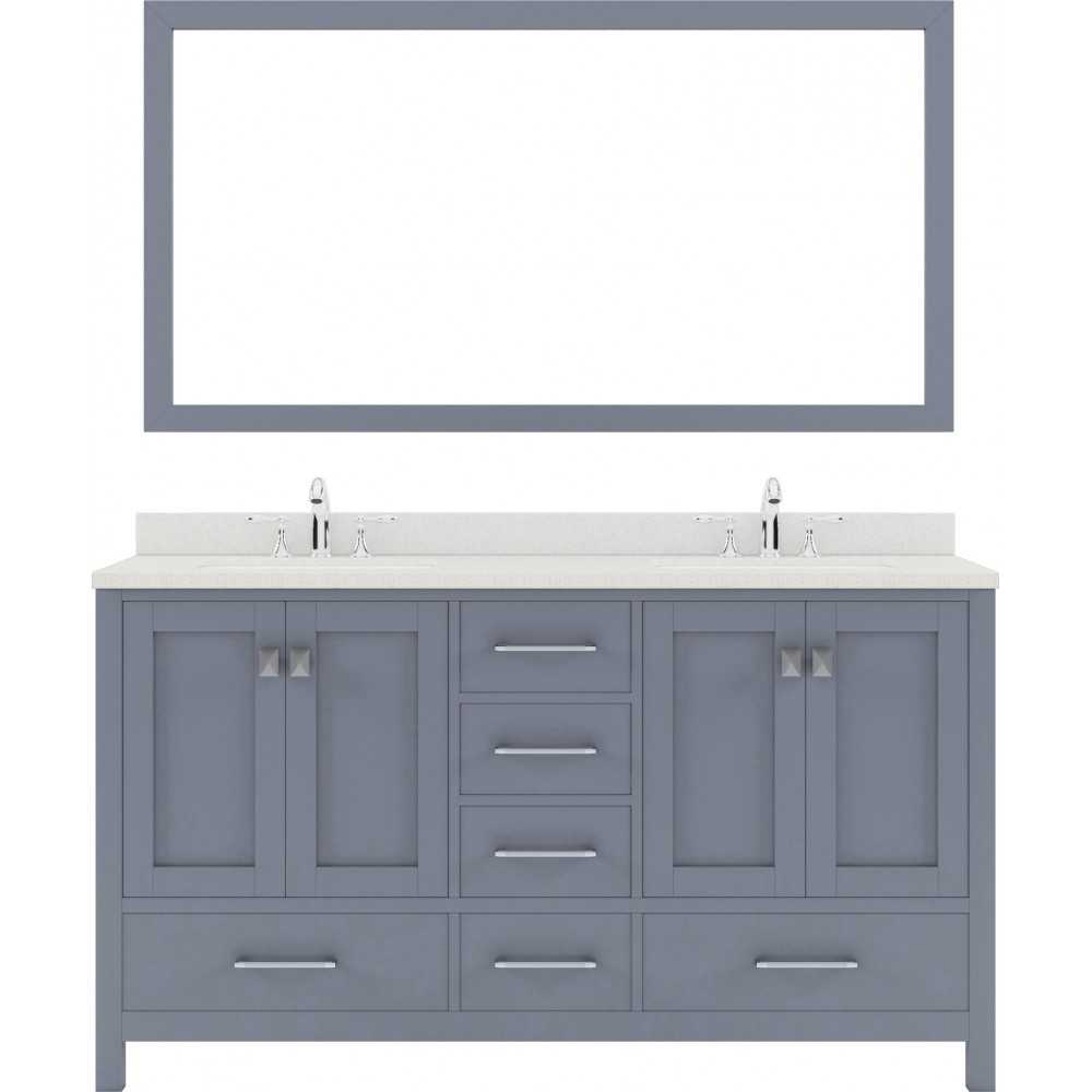 Caroline Avenue 60" Double Bath Vanity in Gray with White Quartz Top and Round Sinks with Brushed Nickel Faucets and Mirror